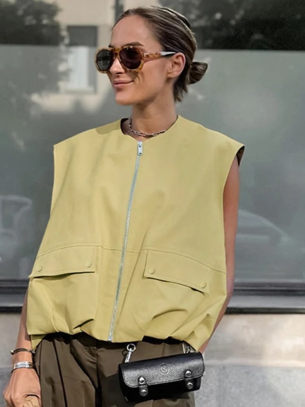 Commense Pale Olive Zip-Front Sleeveless Vest with Flap Pockets